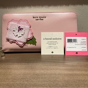 New Kate Spade Hawaii Zip Around Continental Wallet TuTu Pink Floral Appliqué